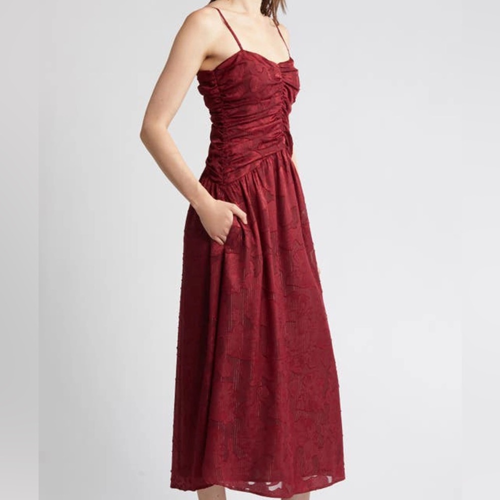 Lost + Wander, Celestial Glow Metallic Stripe Dress Maroon